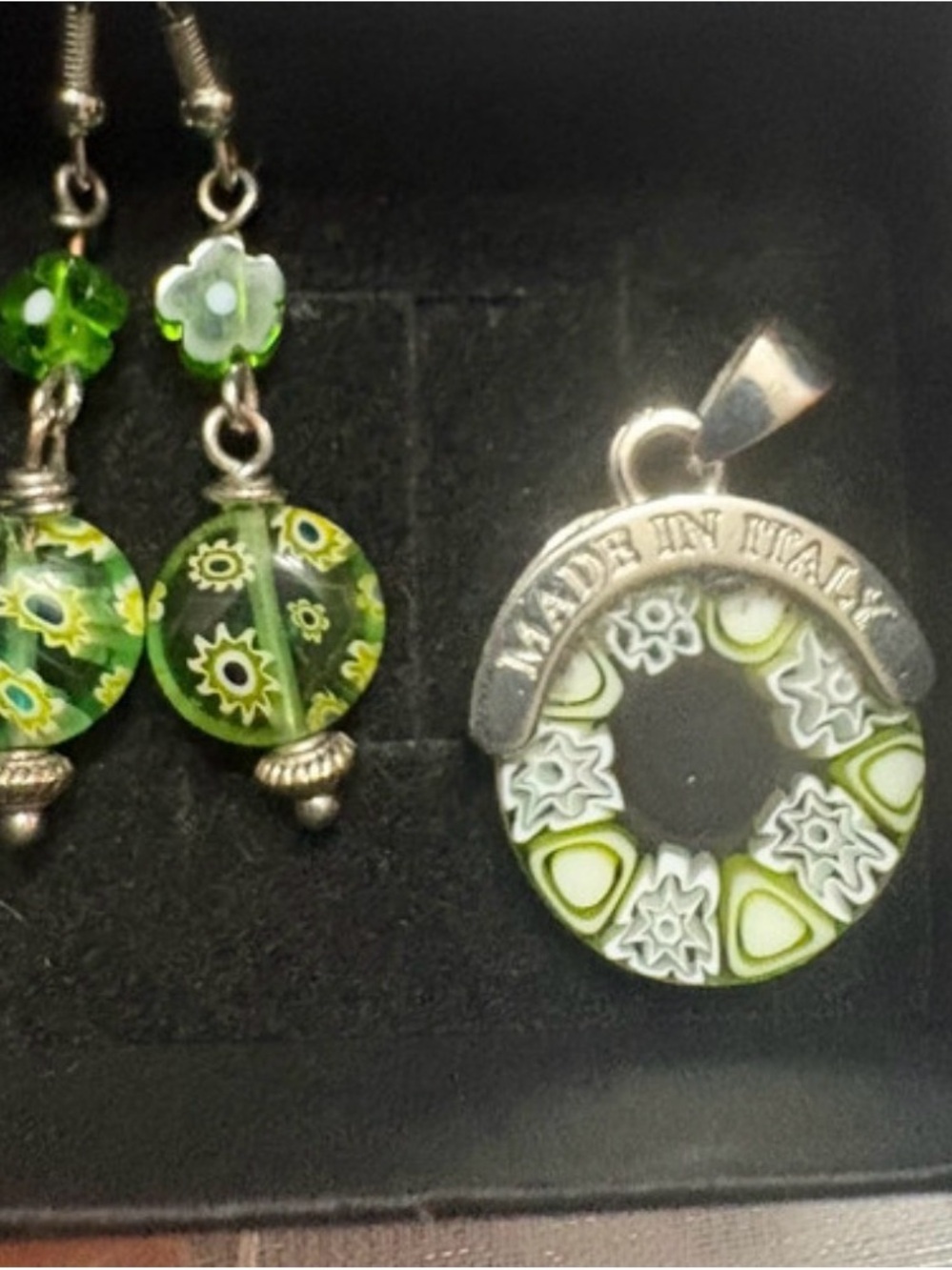 Murano Green Millefiori Glass Pendant and Earrings Set